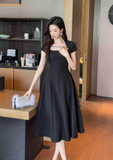 Short Sleeve Rhinestone-Detailed A-Line Midi Dress S / Black
